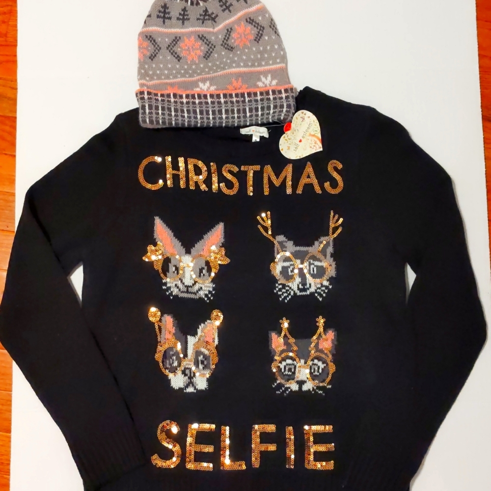 Set of Self Esteem Black Sweater And A Pom Hat, Size Medium NWT